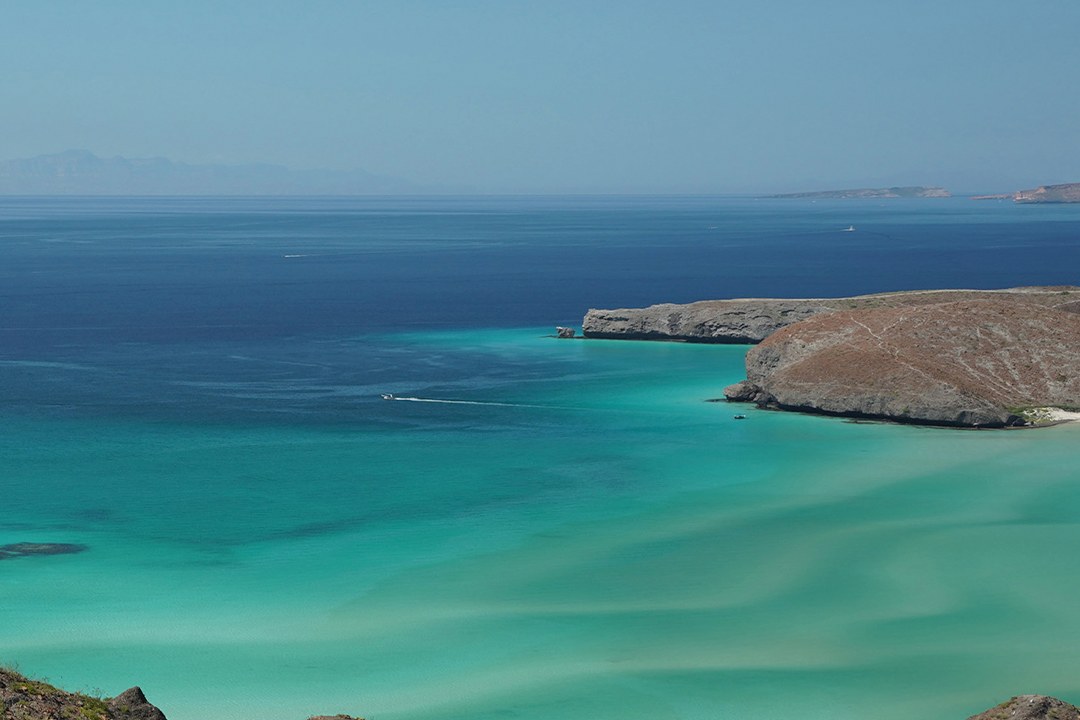 Turquoise coastline and desert hills at Balandra in Baja California Sur