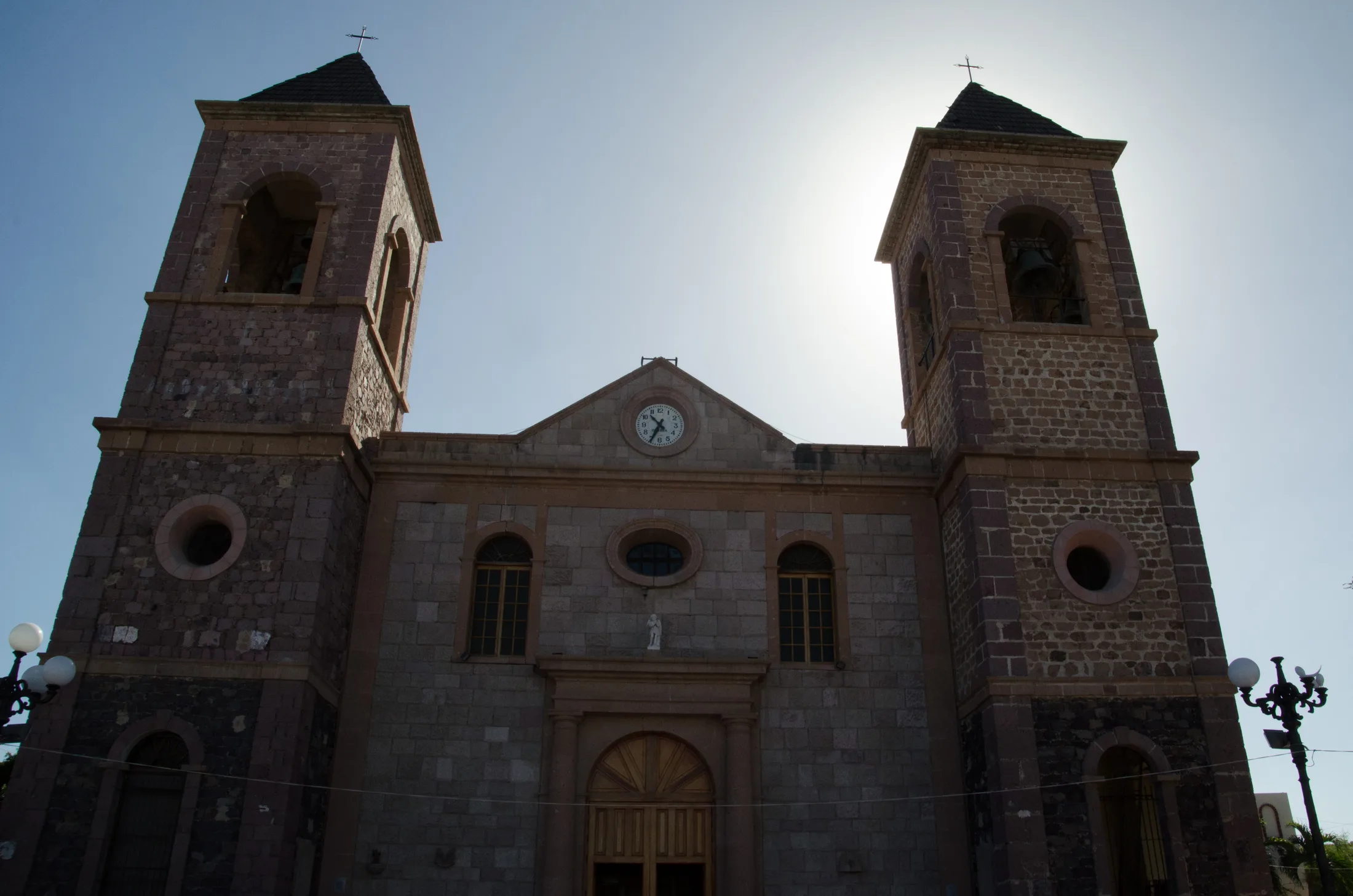 The stone twin towers of the Cathedral of Our Lady of Peace in La Paz, Baja California Sur